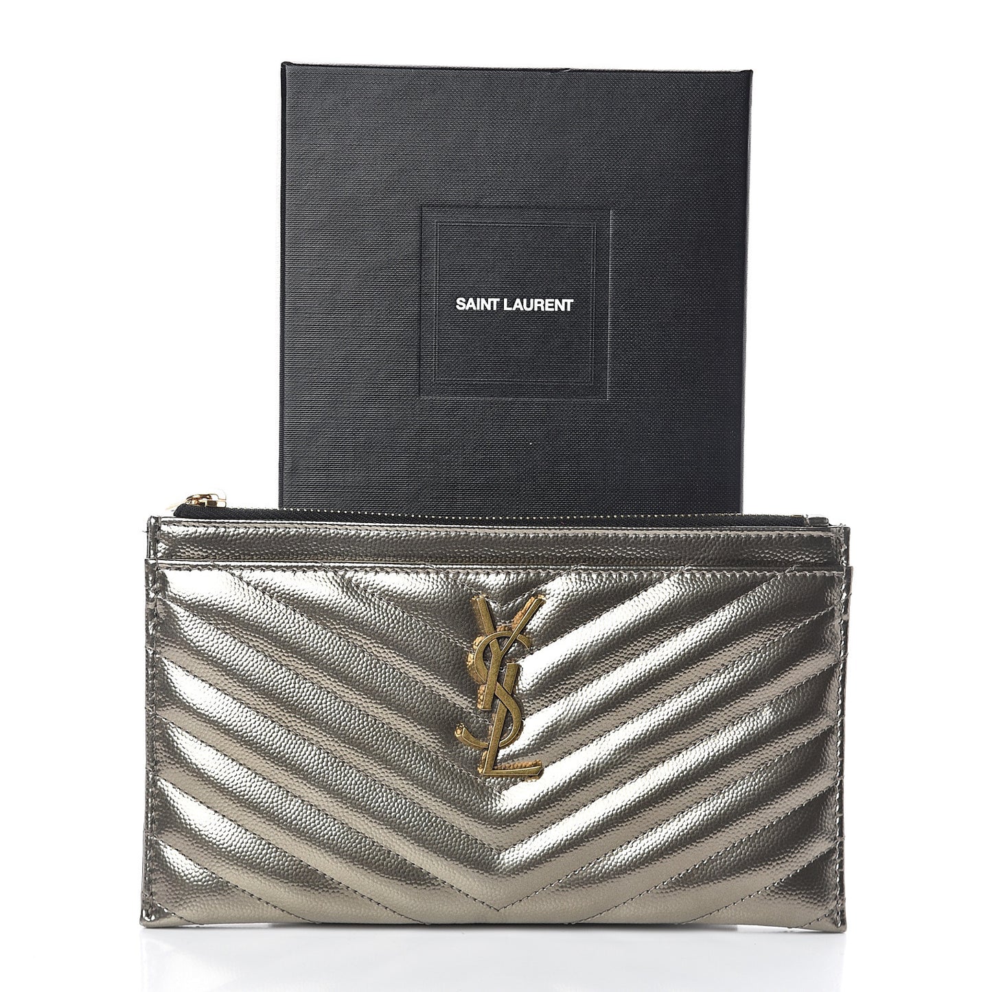Metallic Grain De Poudre Matelasse Chevron Monogram Bill Pouch Piombo