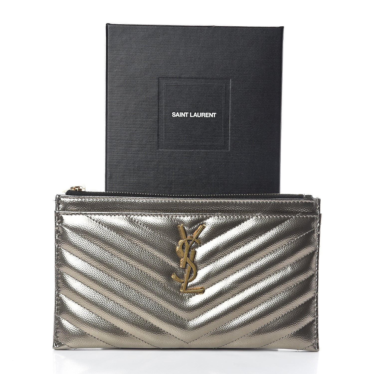 Saint Laurent Metallic Grain De Poudre Matelasse Chevron Monogram Bill Pouch Piombo 6 of 6