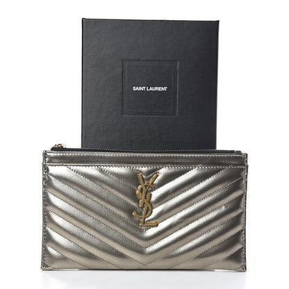 Saint Laurent Metallic Grain De Poudre Matelasse Chevron Monogram Bill Pouch Piombo 6 of 6