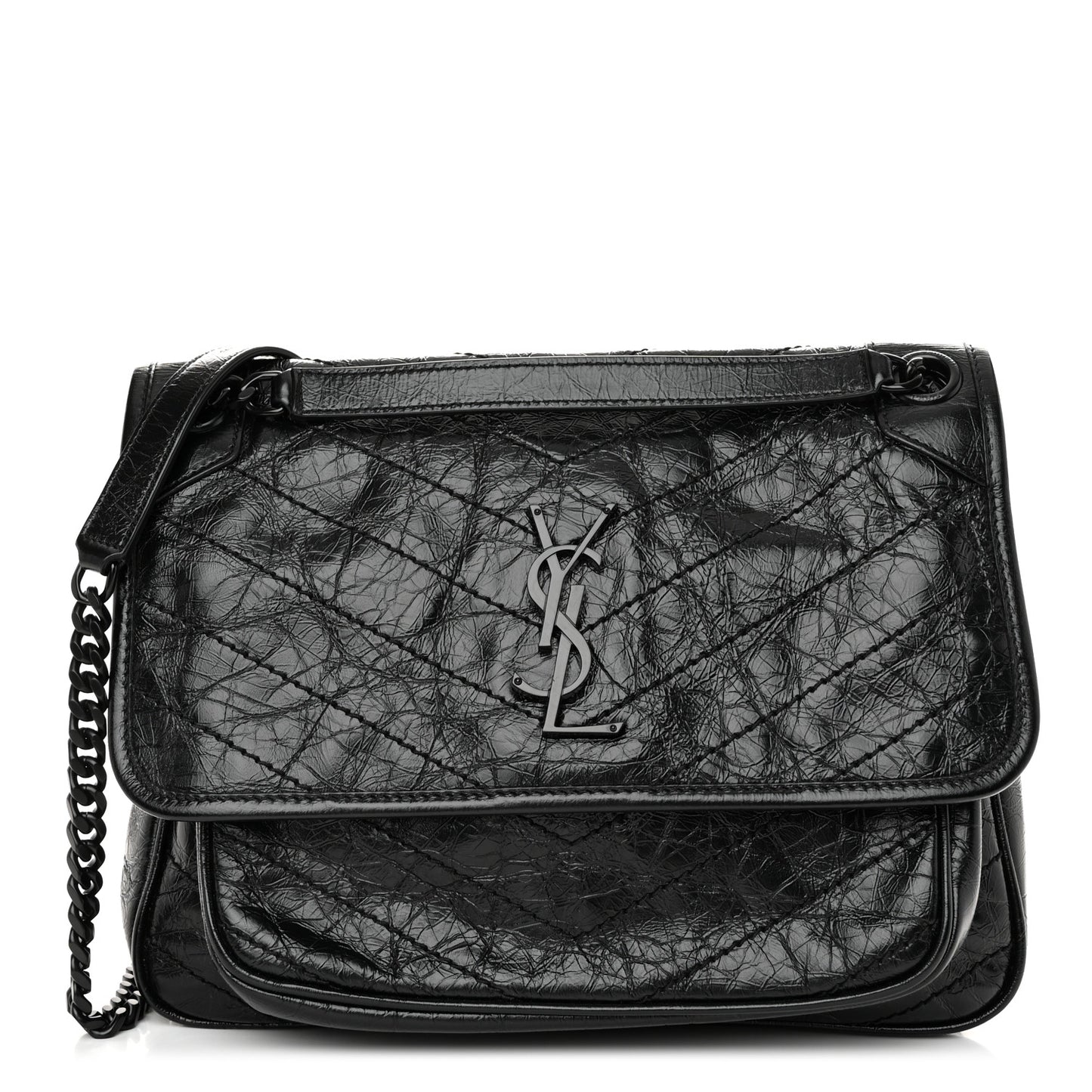 Crinkled Calfskin Matelasse Monogram Medium Niki Chain Satchel Black