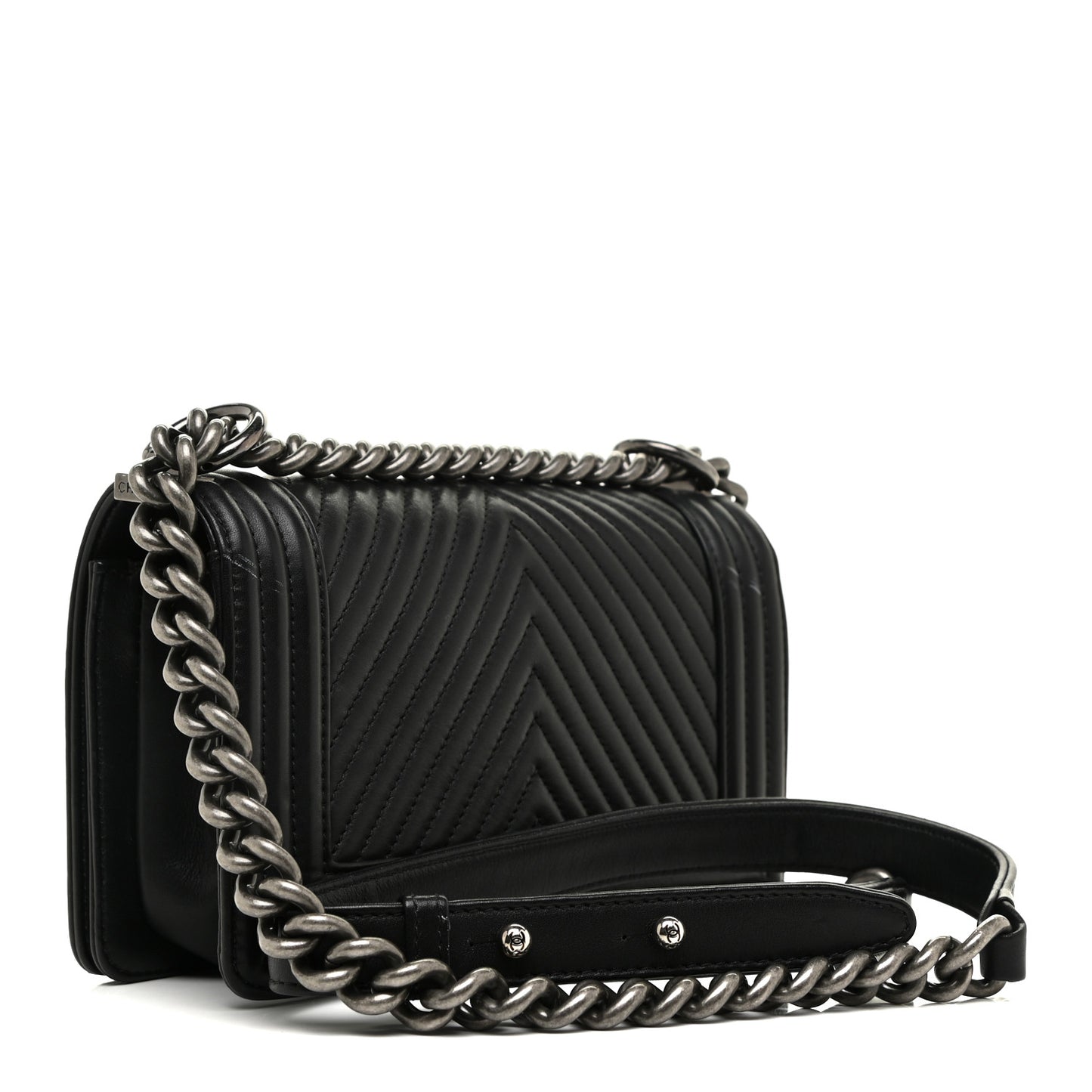 Calfskin Chevron Quilted Small Boy Flap Black