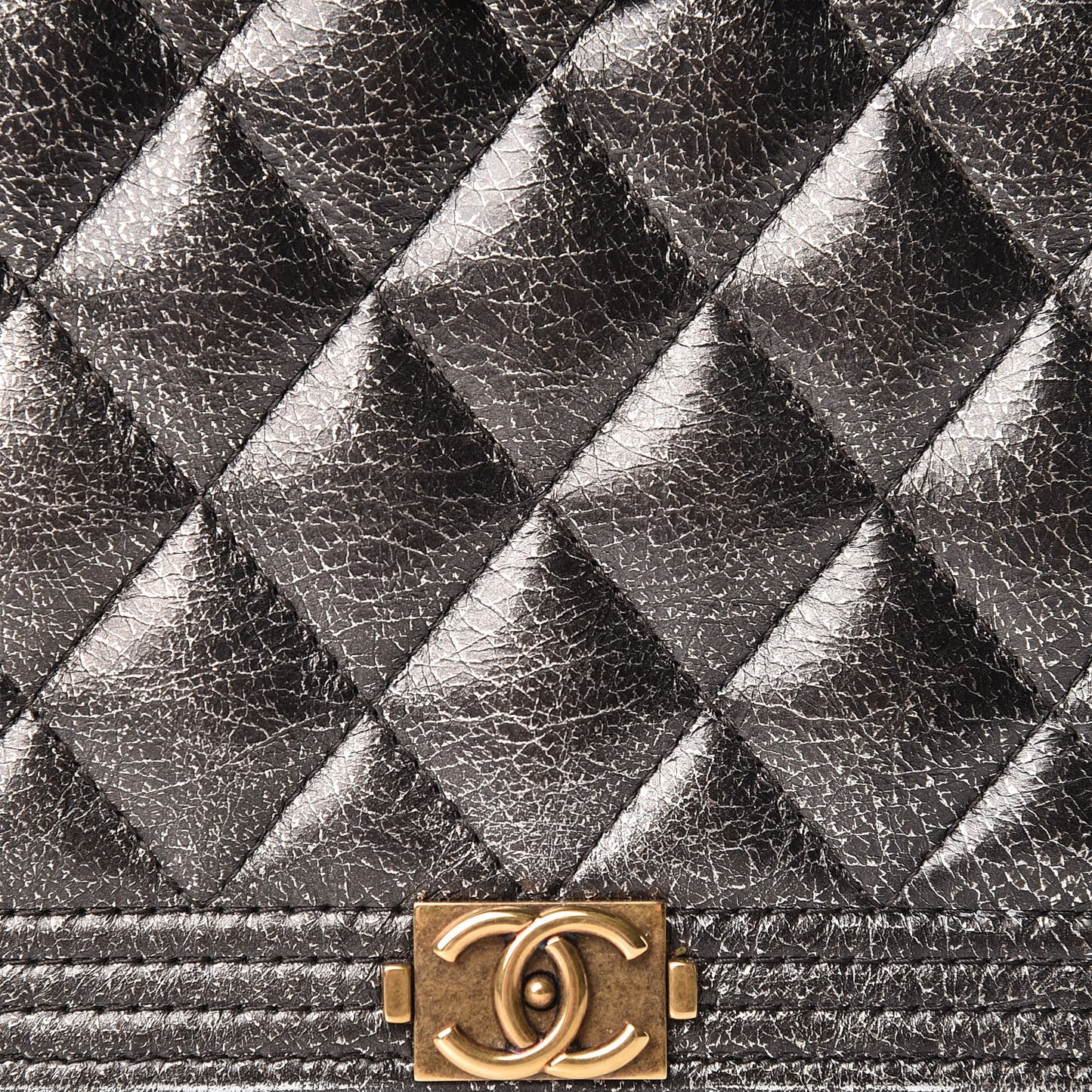 Cracked Metallic Calfskin Quilted Boy Wallet On Chain WOC Dark Silver