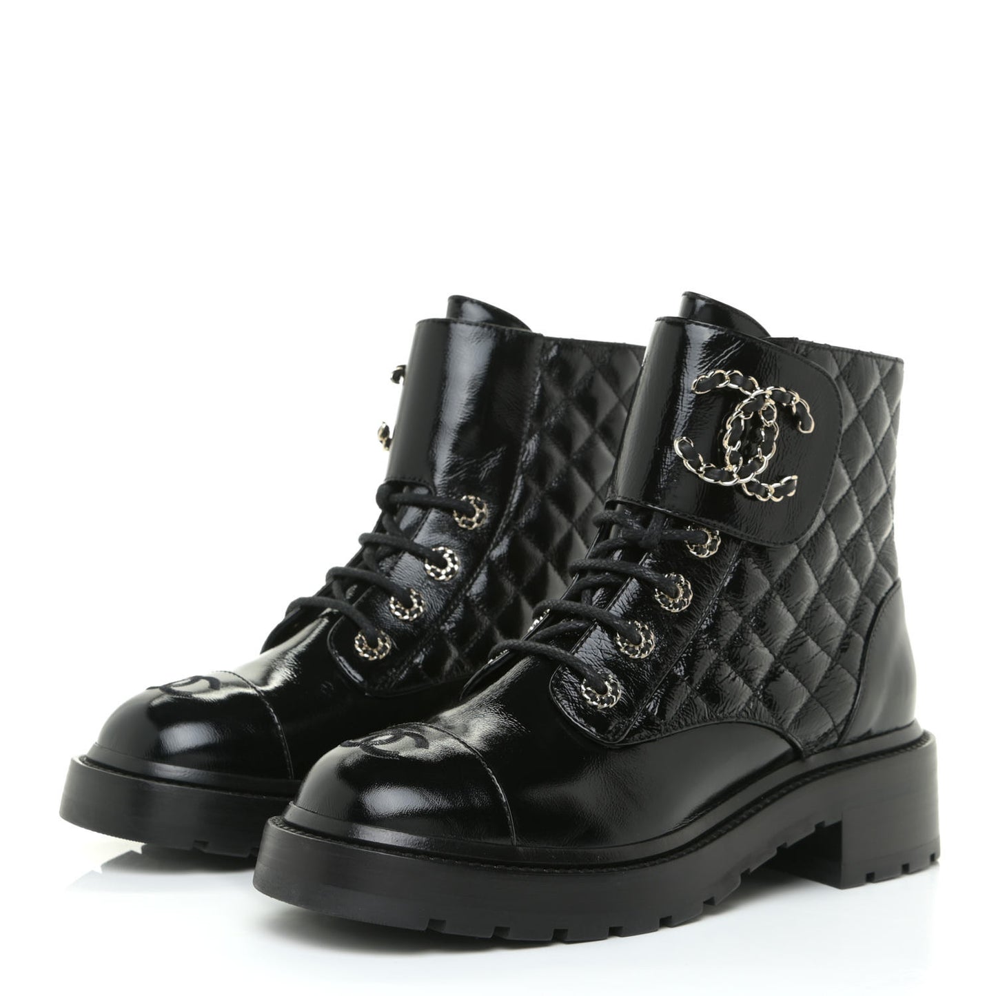 Shiny Calfskin Quilted Lace Up Combat Boots 38 Black