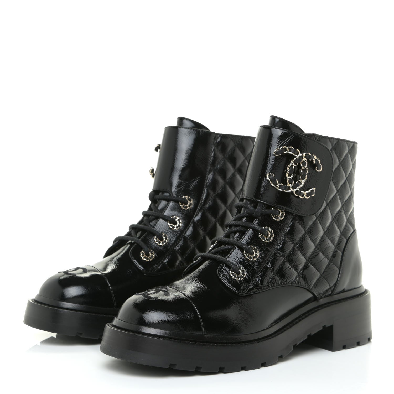Chanel Shiny Calfskin Quilted Lace Up Combat Boots 38 Black 3 of 13