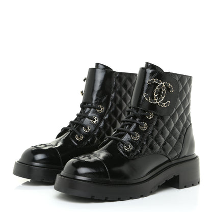 Chanel Shiny Calfskin Quilted Lace Up Combat Boots 38 Black 3 of 13