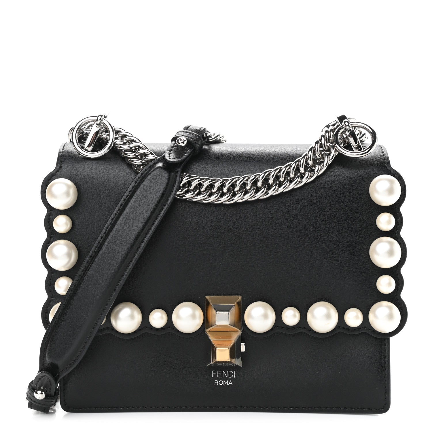 Fendi Vitello Liberty Pearl Scalloped Studded Small Kan I Shoulder Bag Black 1 of 12