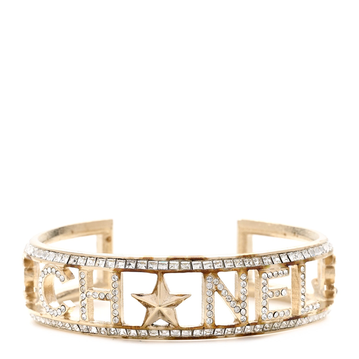 Chanel Crystal Baguette Logo Cuff Bracelet Gold 1 of 4