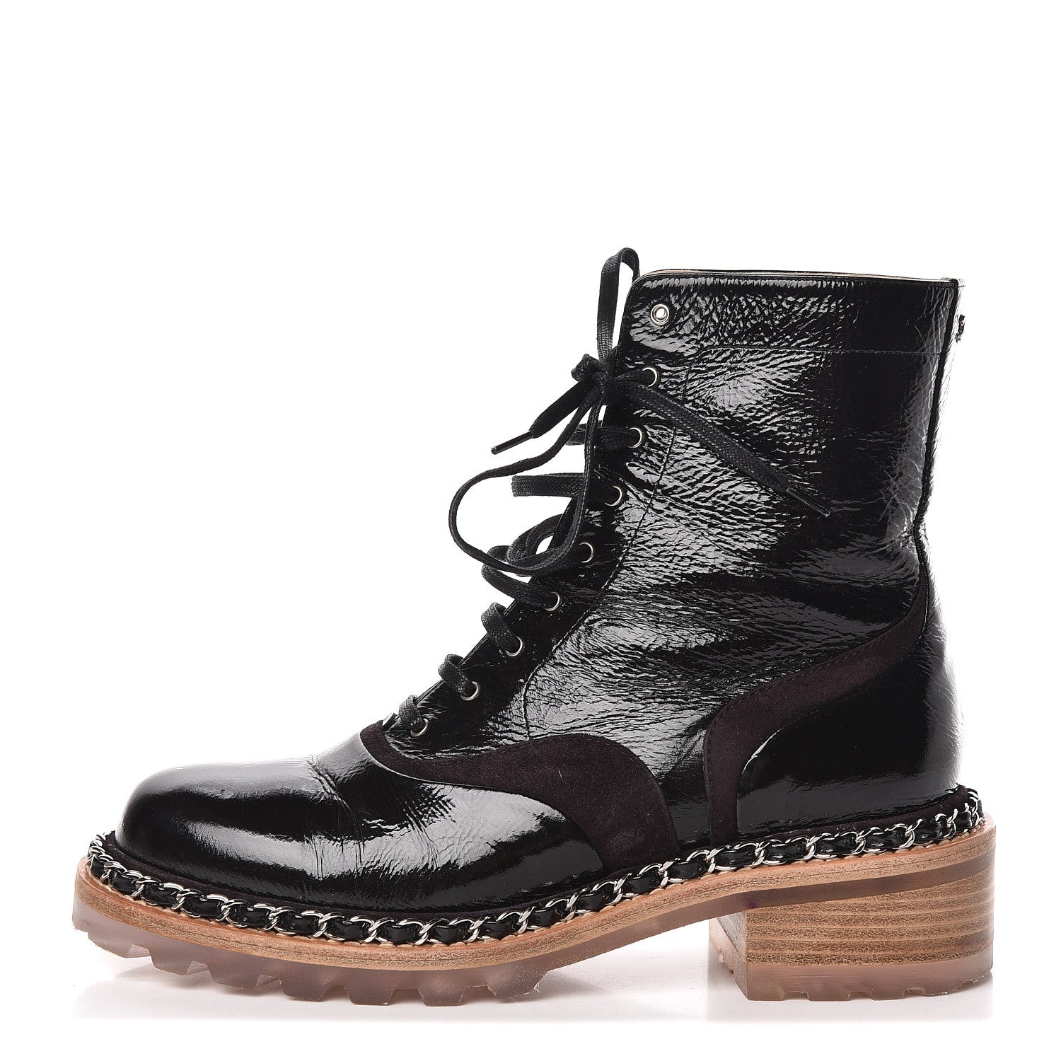 Chanel Patent Suede Calfskin Lace Up Short Boots 36 Black Dark Brown 1 of 13