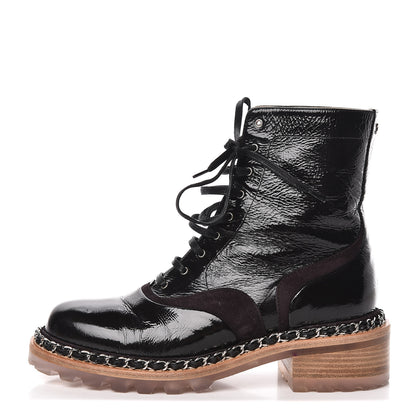 Chanel Patent Suede Calfskin Lace Up Short Boots 36 Black Dark Brown 1 of 13