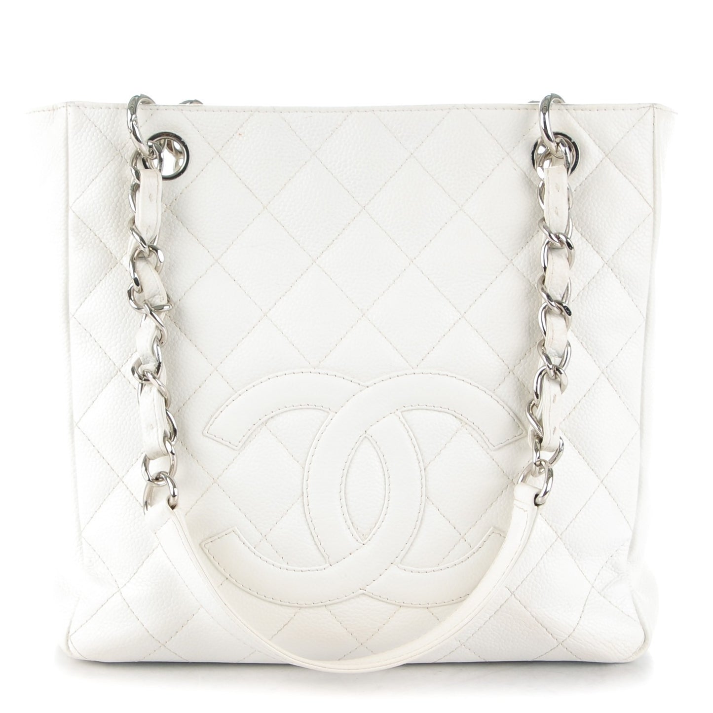 Caviar Quilted Petit Shopping Tote PST White