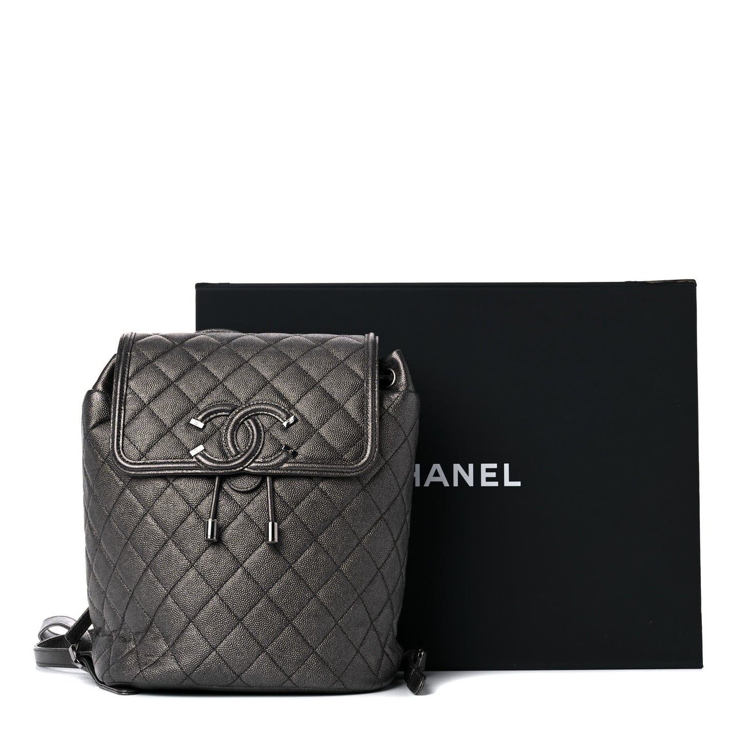 Metallic Caviar Quilted Filigree Backpack Dark Silver