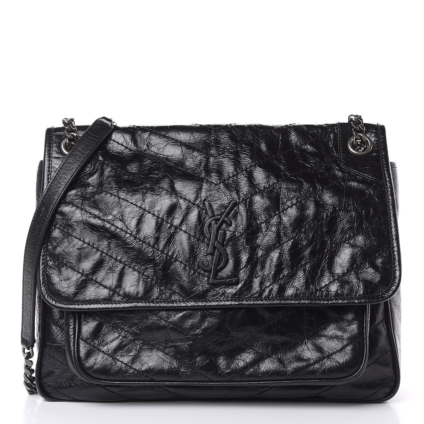 Crinkled Calfskin Matelasse Monogram Large Niki Chain Satchel Black