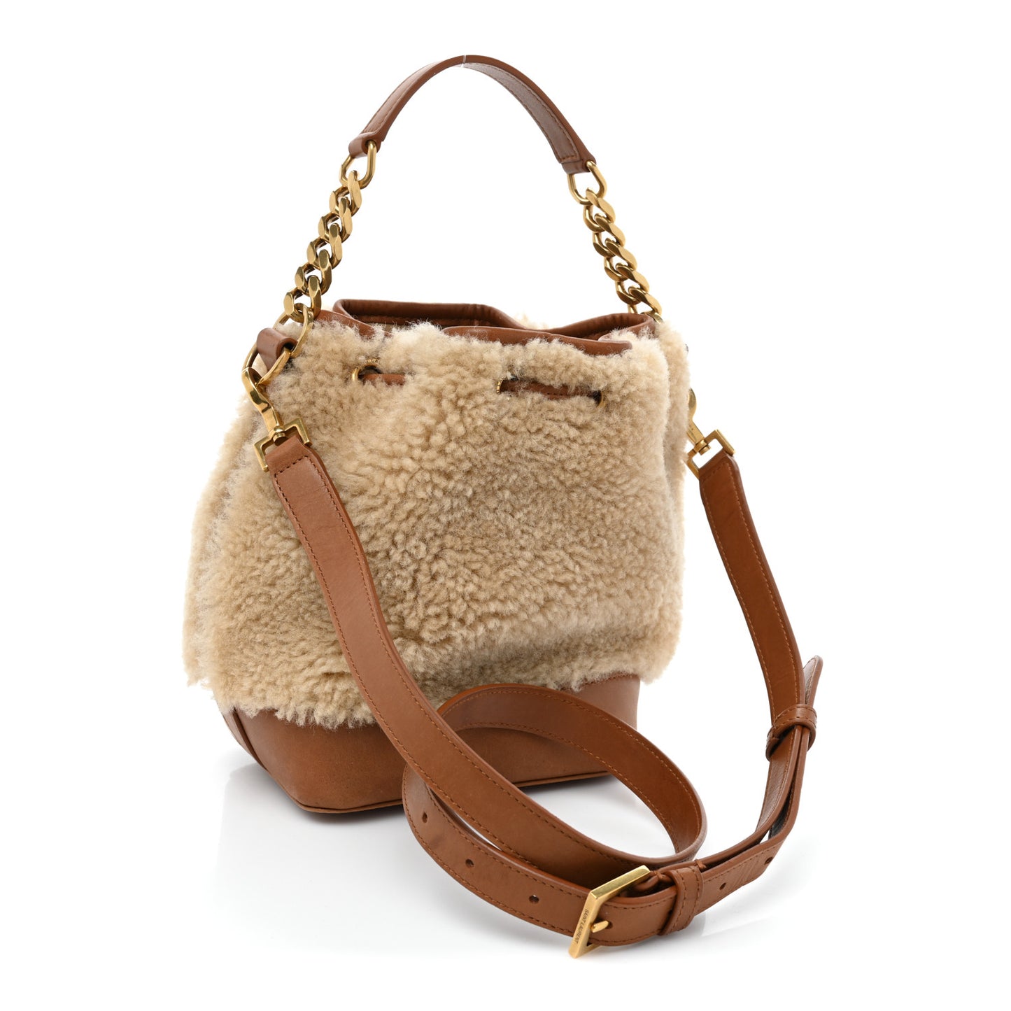 Shearling Calfskin Small Emmanuelle Bucket Bag Natural Beige