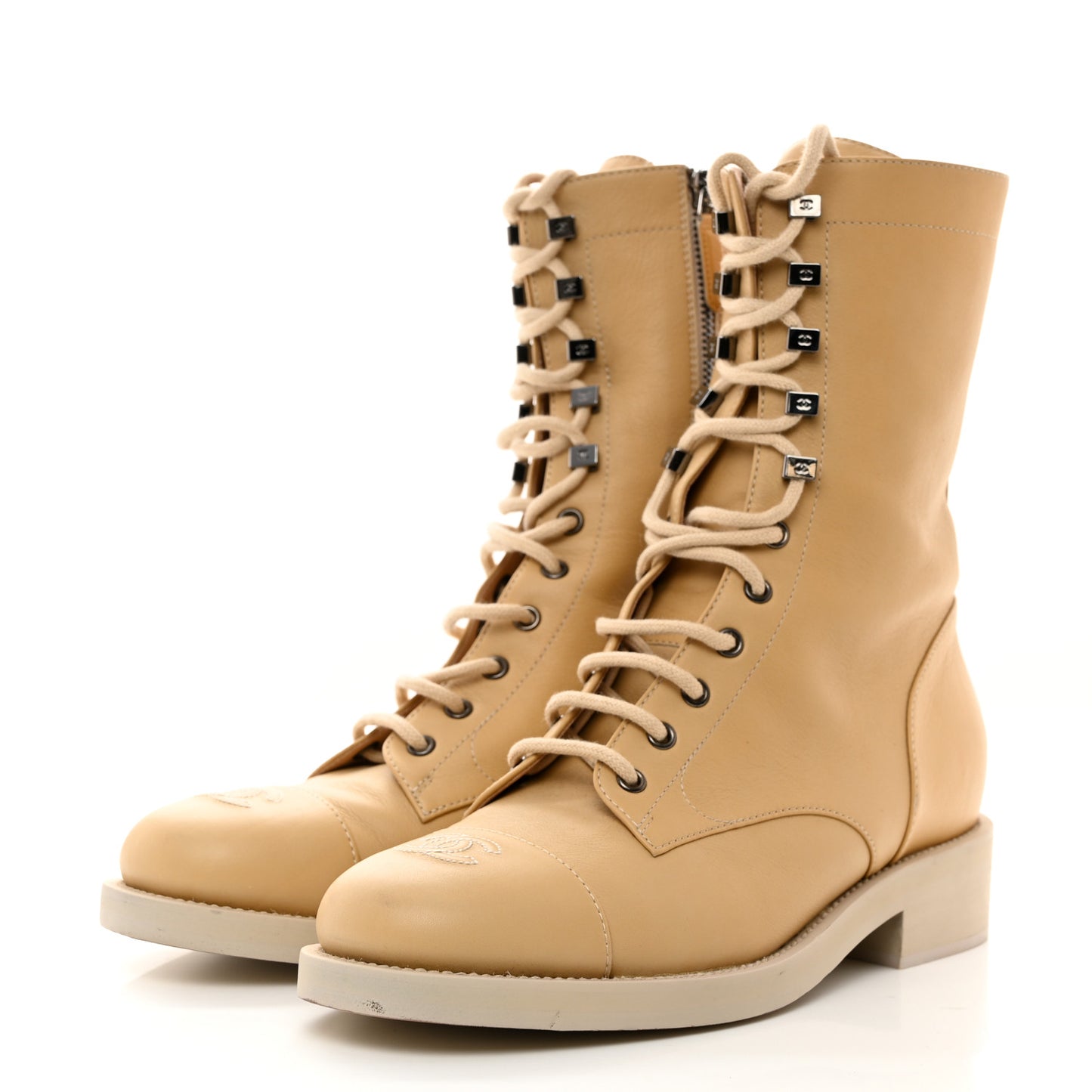 Calfskin Lace Up Combat Boots 40.5 Beige