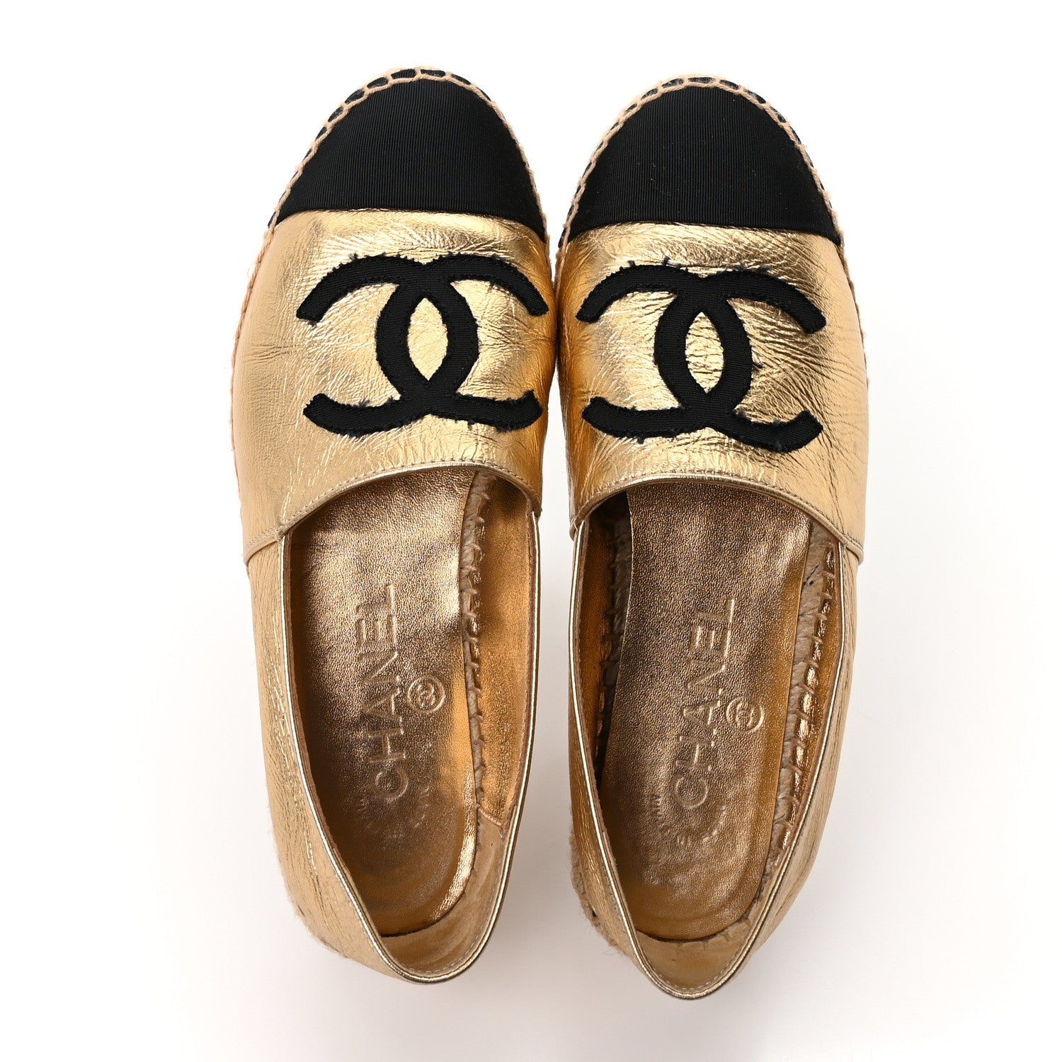 Chanel Laminated Lambskin Grosgrain CC Espadrilles 35 Gold Black 2 of 10