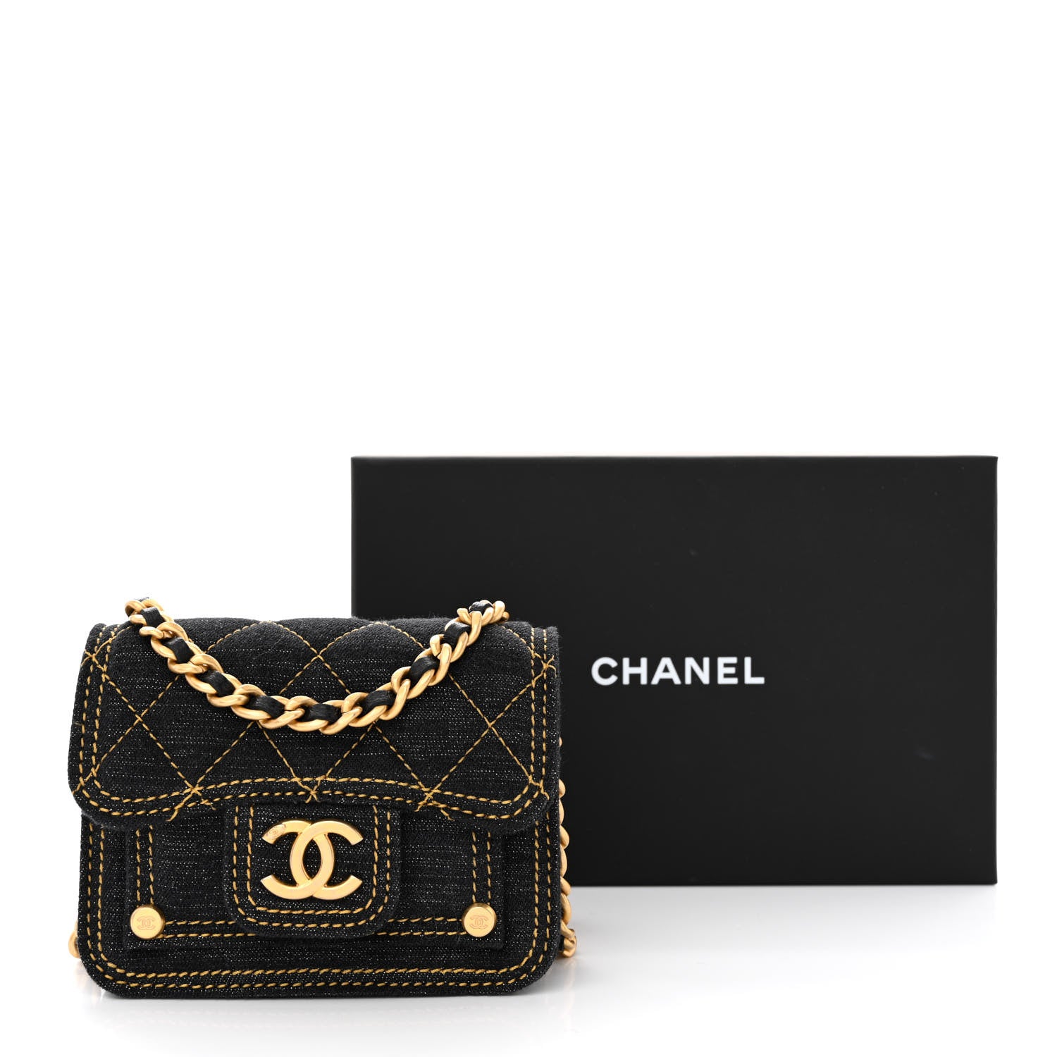 Chanel Denim Quilted Double You Card Holder On Chain Black Golden 11 of 11