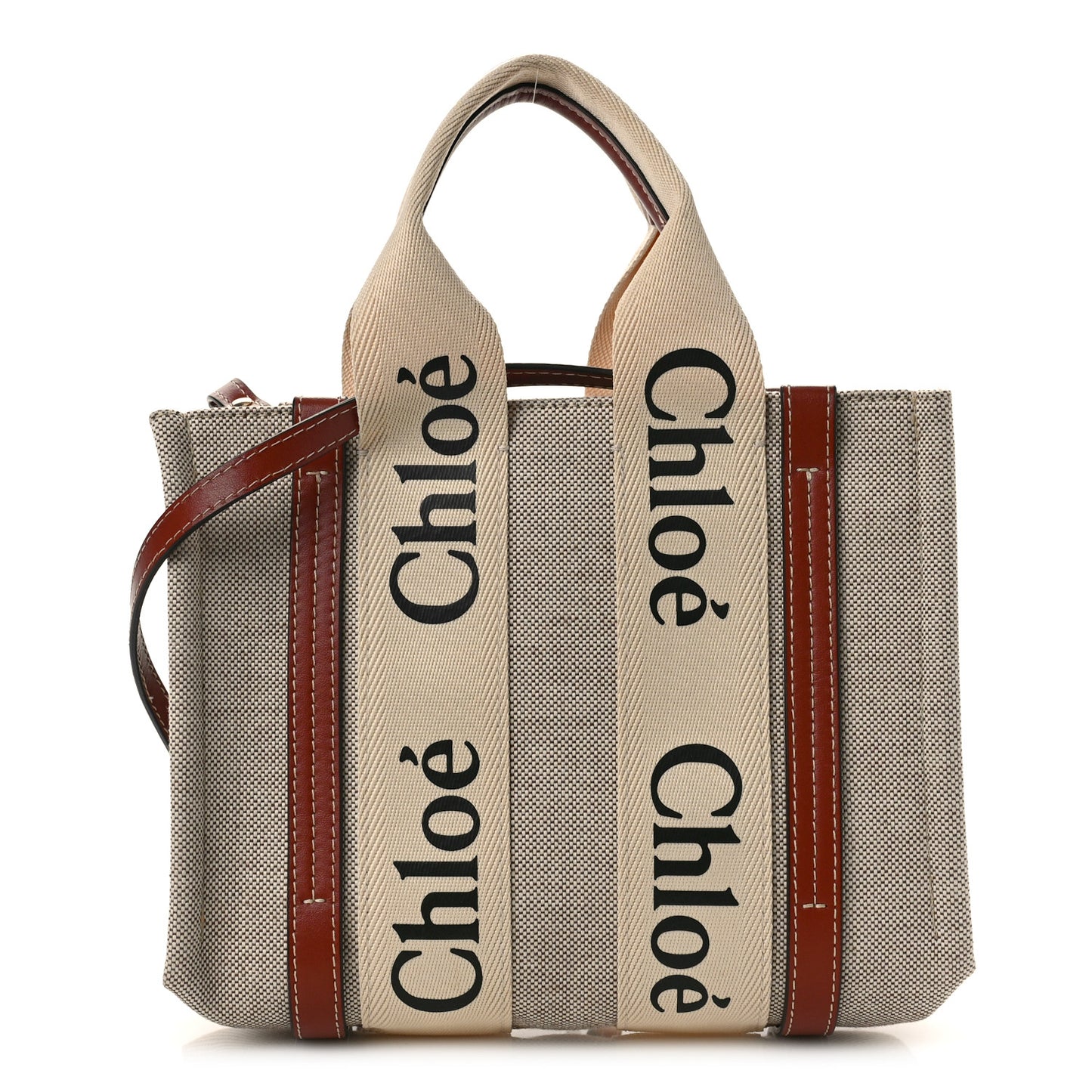 Cotton Calfskin Small Woody Ribbon Tote With Strap White Brown
