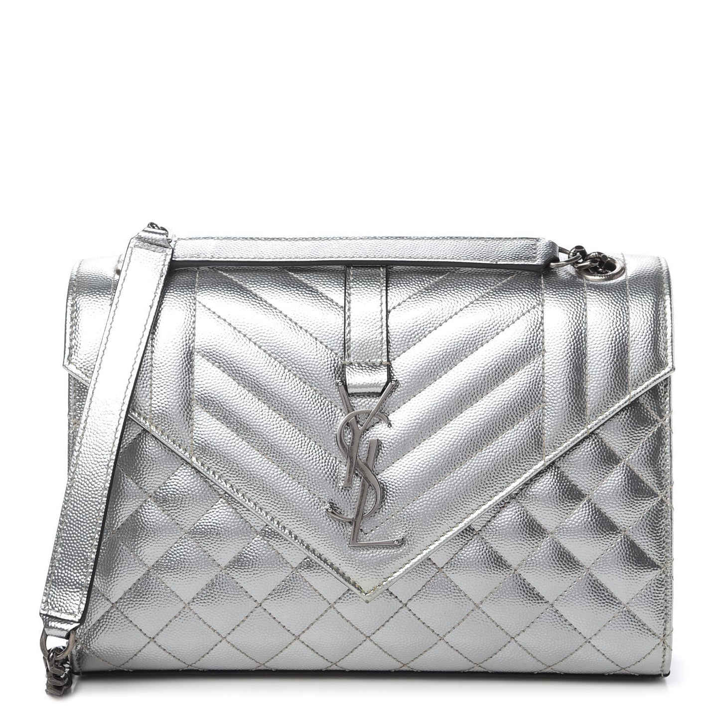 Metallic Grain De Poudre Textured Mixed Matelasse Triquilt Medium Monogram Satchel Silver