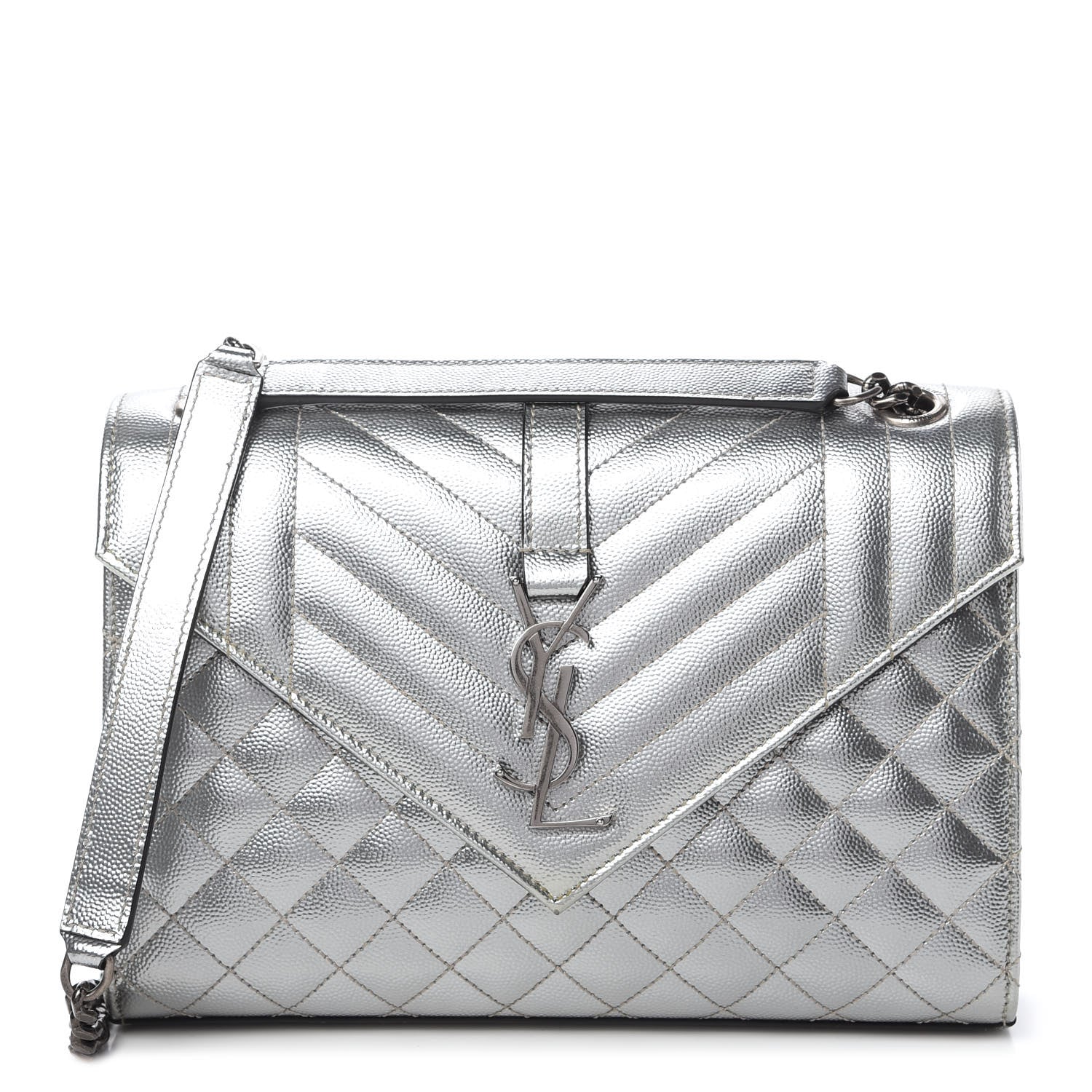 Saint Laurent Metallic Grain De Poudre Textured Mixed Matelasse Triquilt Medium Monogram Satchel Silver 1 of 9
