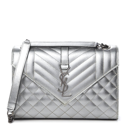 Saint Laurent Metallic Grain De Poudre Textured Mixed Matelasse Triquilt Medium Monogram Satchel Silver 1 of 9