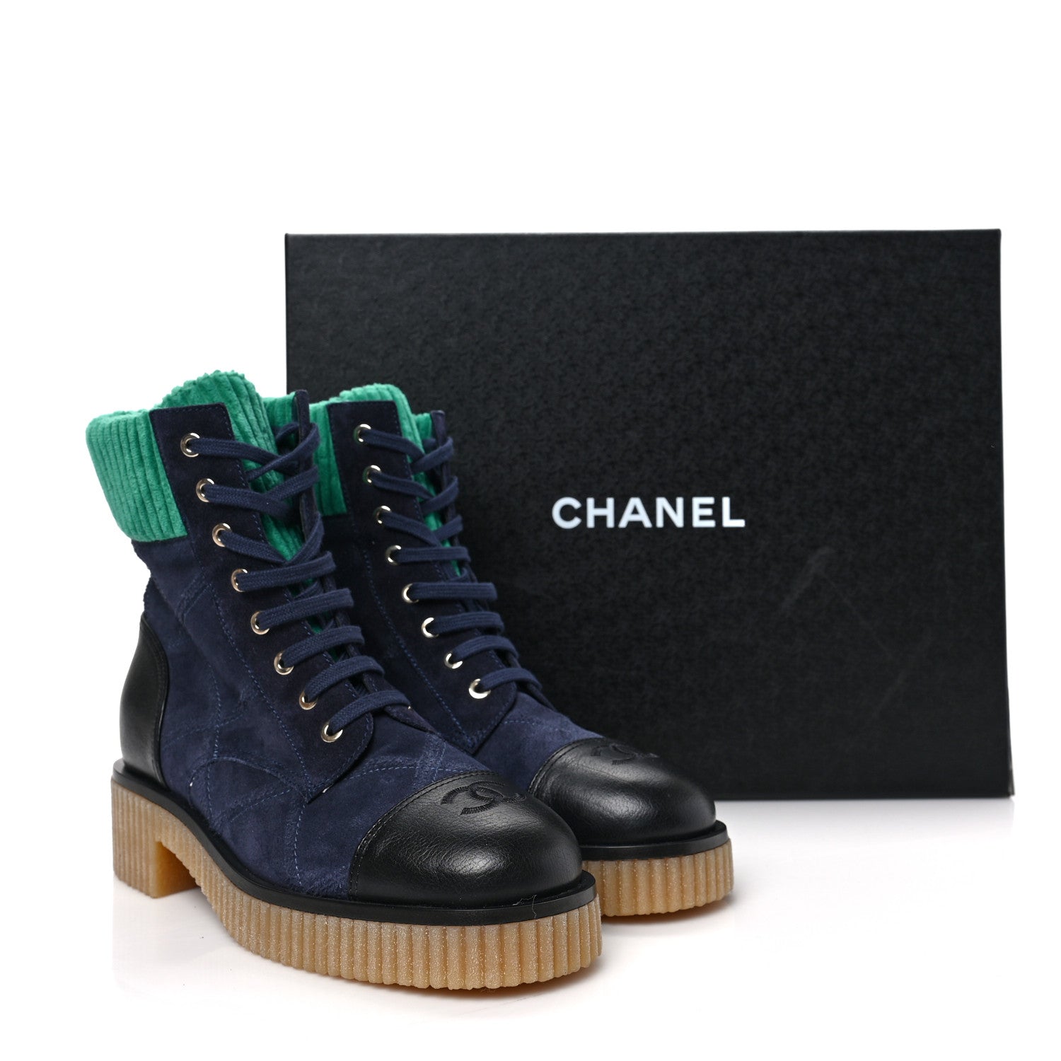 Chanel Suede Calfskin Velvet Quilted CC Combat Boots 38.5 Navy Green Black 7 of 7