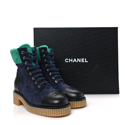 Chanel Suede Calfskin Velvet Quilted CC Combat Boots 38.5 Navy Green Black 7 of 7