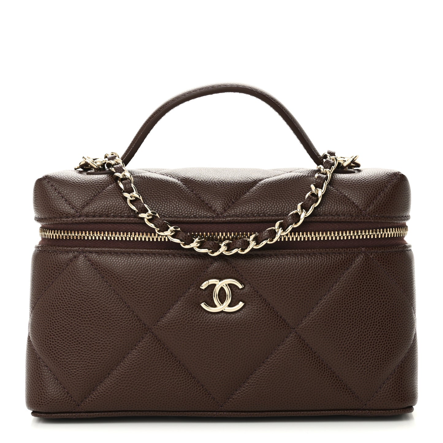 Caviar Quilted Top Handle Slim Vanity With Chain Dark Brown