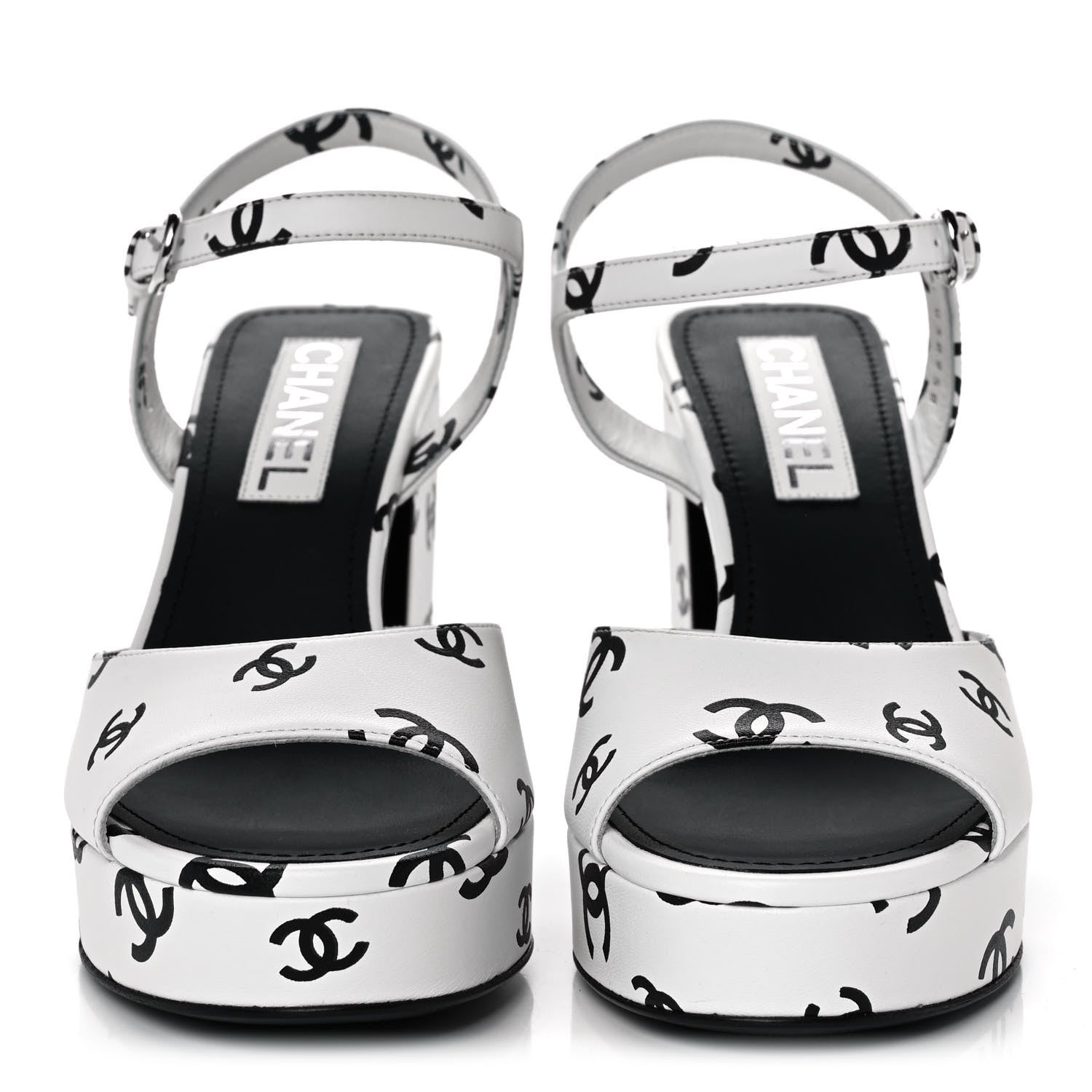 Chanel Printed Lambskin Coco Beach Platform Sandals 39 White Black 2 of 9
