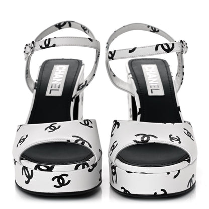 Chanel Printed Lambskin Coco Beach Platform Sandals 39 White Black 2 of 9