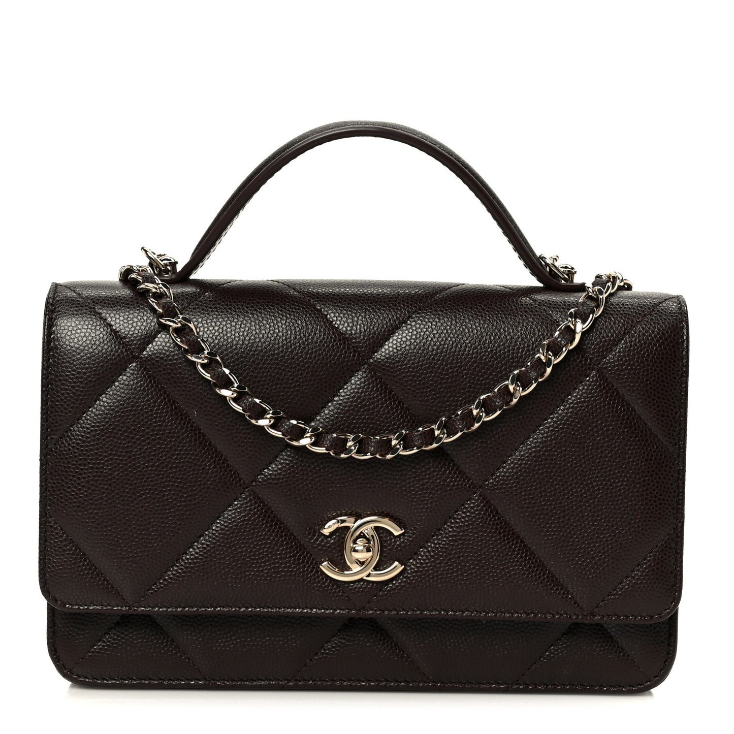 Shiny Caviar Quilted Turnlock Top Handle Wallet On Chain WOC Dark Brown