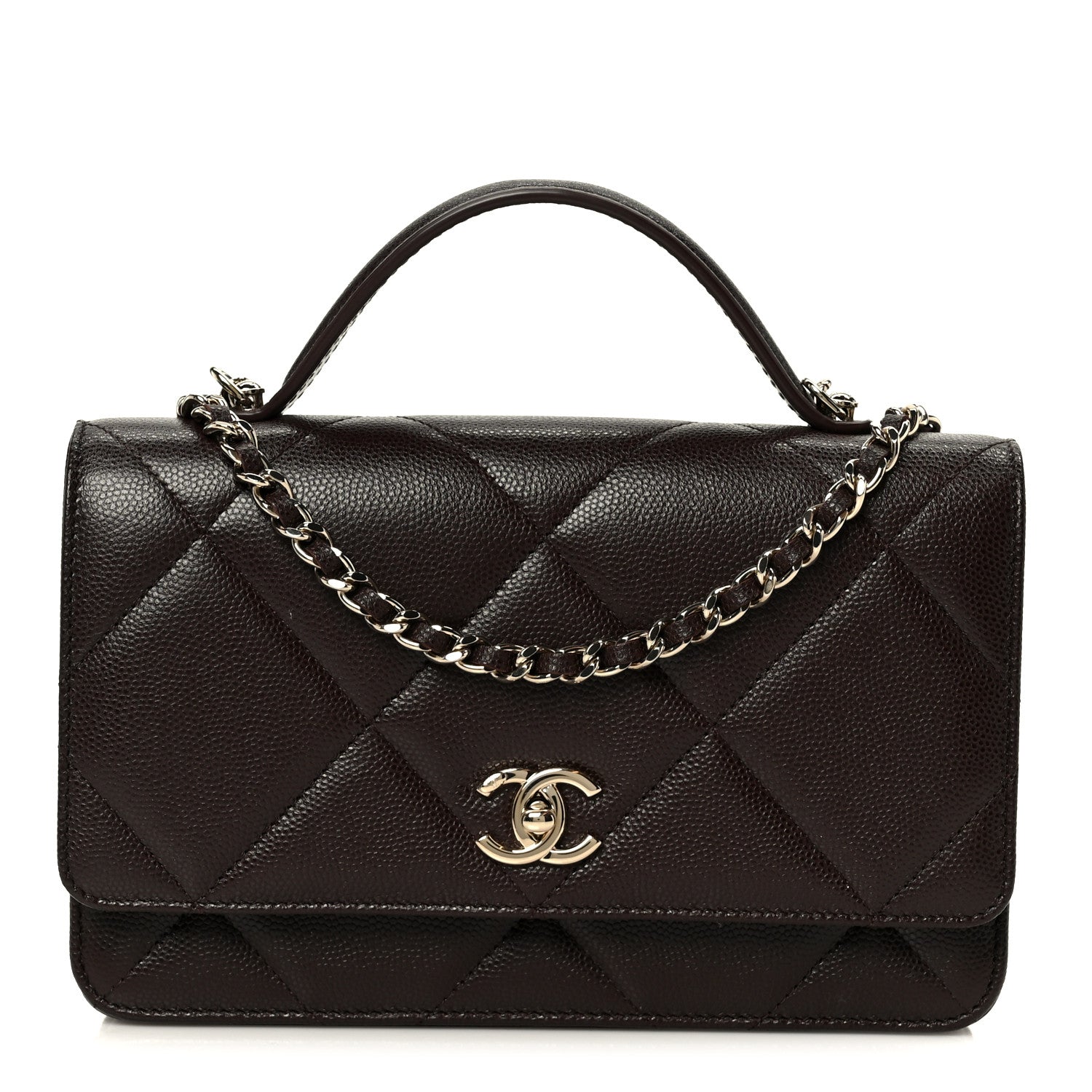 Chanel Shiny Caviar Quilted Turnlock Top Handle Wallet On Chain WOC Dark Brown 1 of 12