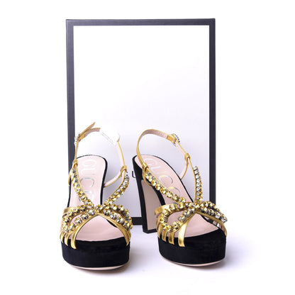 Gucci Velvet Nappa Crystal Zephyra Slingback Platform High Heel Sandals 36.5 Black Gold 9 of 9