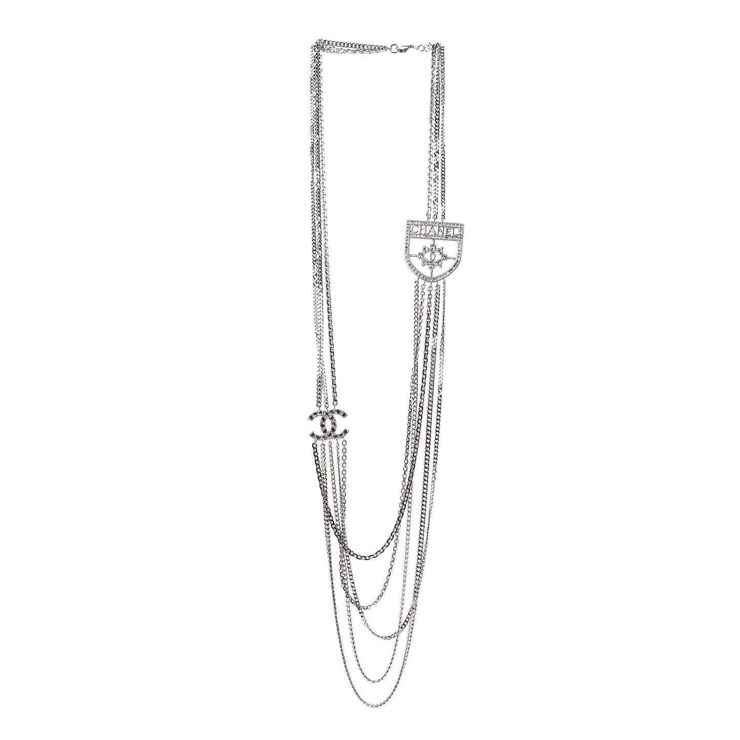 Baguette Crystal CC Shield Multi Strand Long Chain Necklace Silver