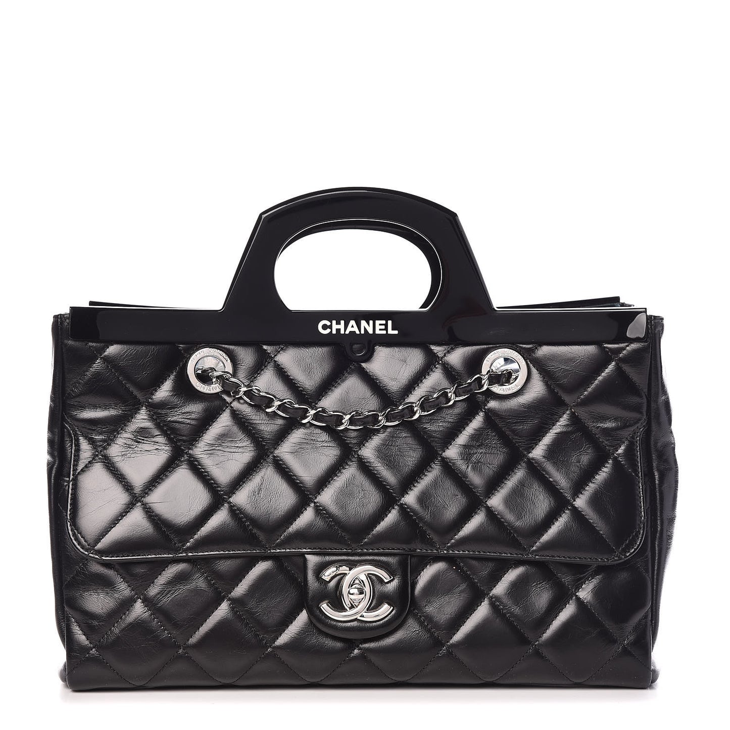 Glazed Calfskin Quilted Small CC Delivery Tote Black