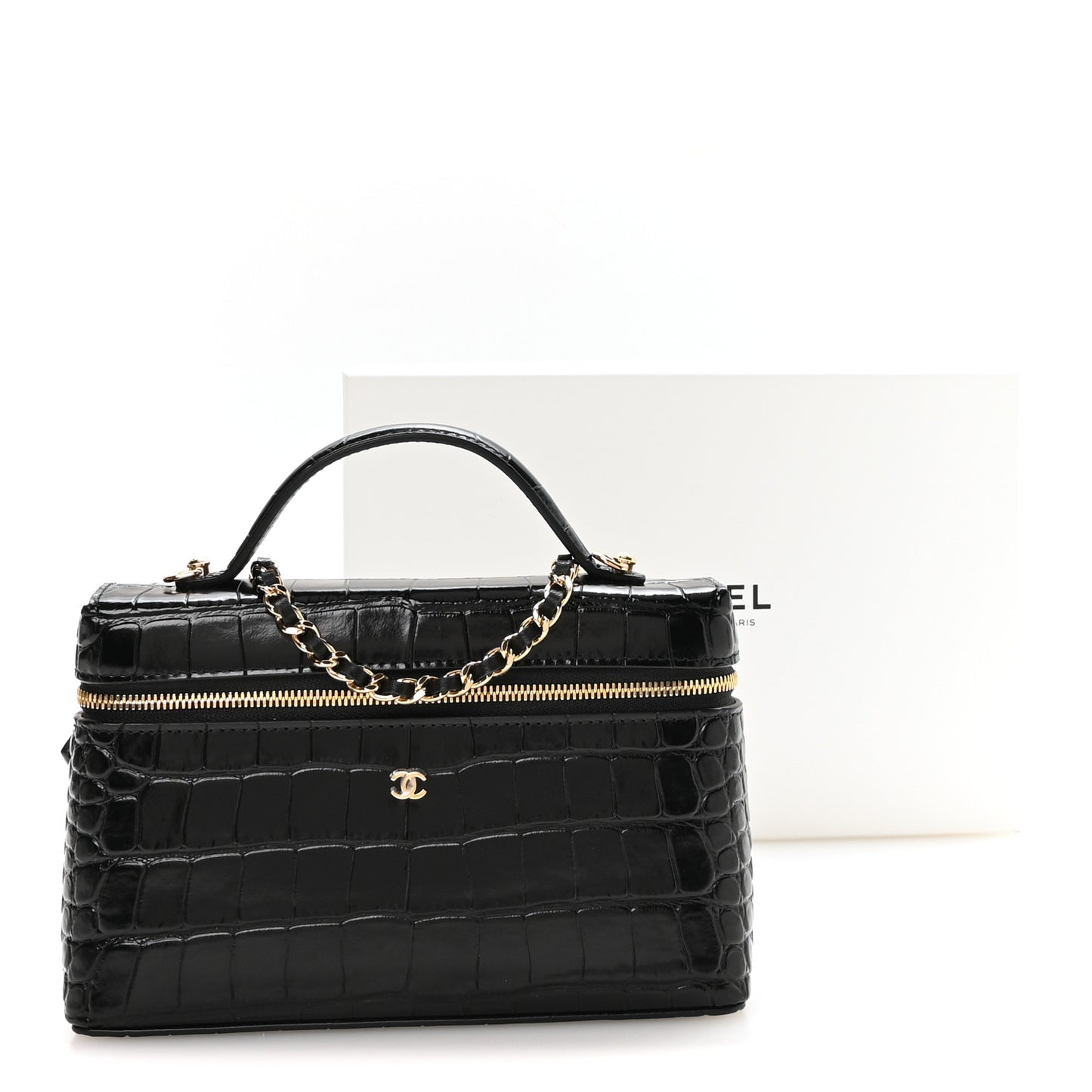 Calfskin Crocodile Embossed Crococo Top Handle Slim Vanity Case With Chain Black
