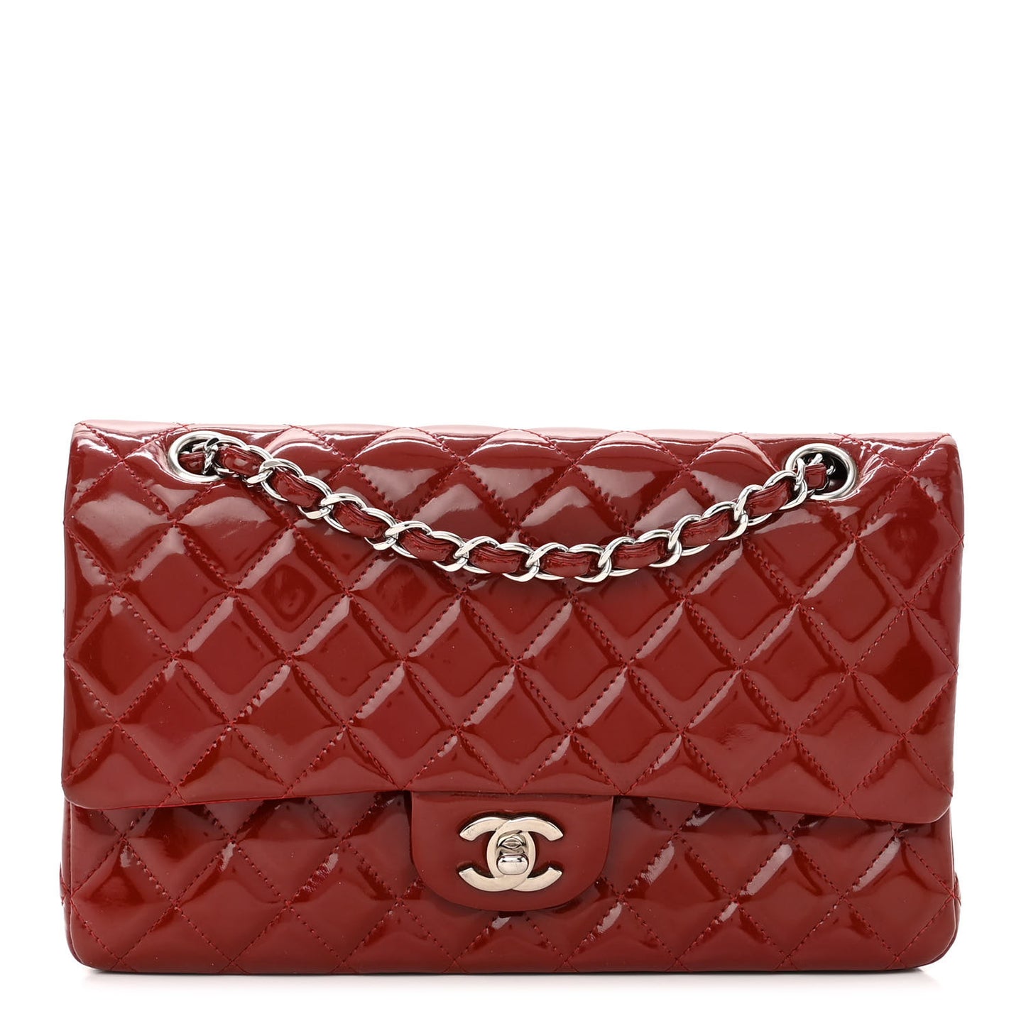 Patent Calfskin Quilted Medium Double Flap Dark Red