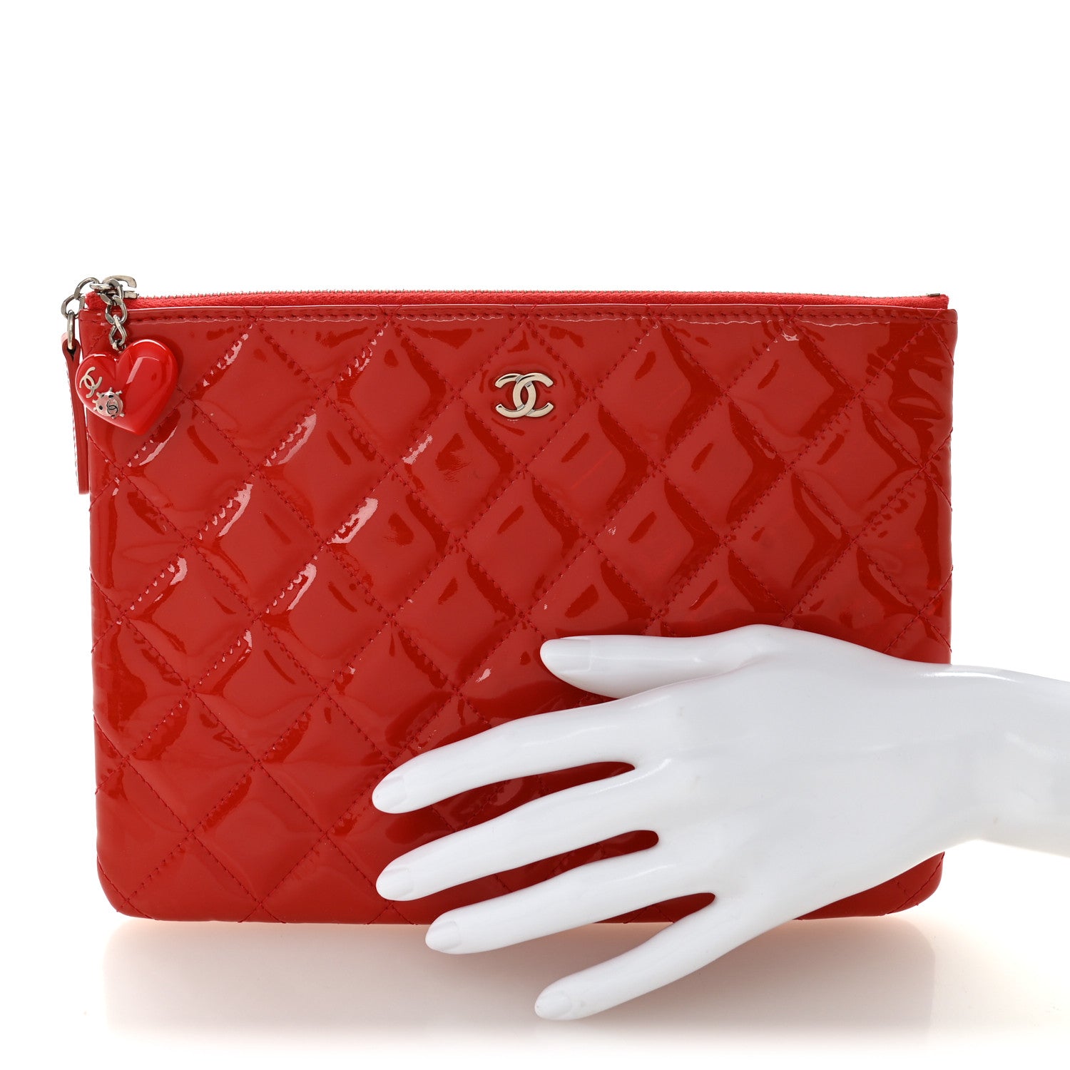 Chanel Patent Calfskin Quilted Valentine Hearts Medium O Cosmetic Case Red 2 of 9