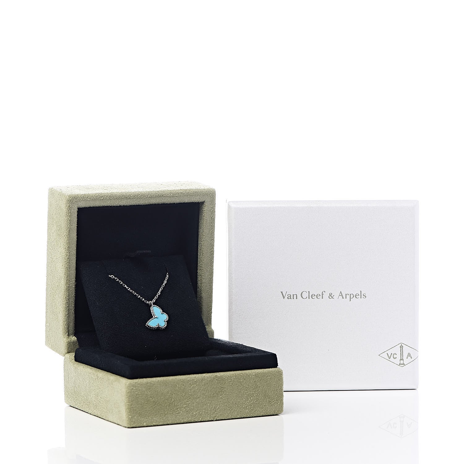 Van Cleef & Arpels 18K White Gold Turquoise Sweet Alhambra Butterfly Pendant Necklace 9 of 9