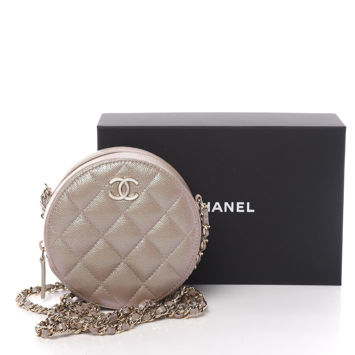 Iridescent Caviar Quilted Round Clutch With Chain Beige