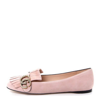Gucci Kid Scamosciato Pearly GG Marmont Fringe Flats 37 Crystal Pink 1 of 11