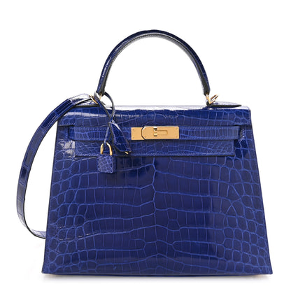Hermes Shiny Niloticus Crocodile Kelly Sellier 28 Bleu Electrique 1 of 10
