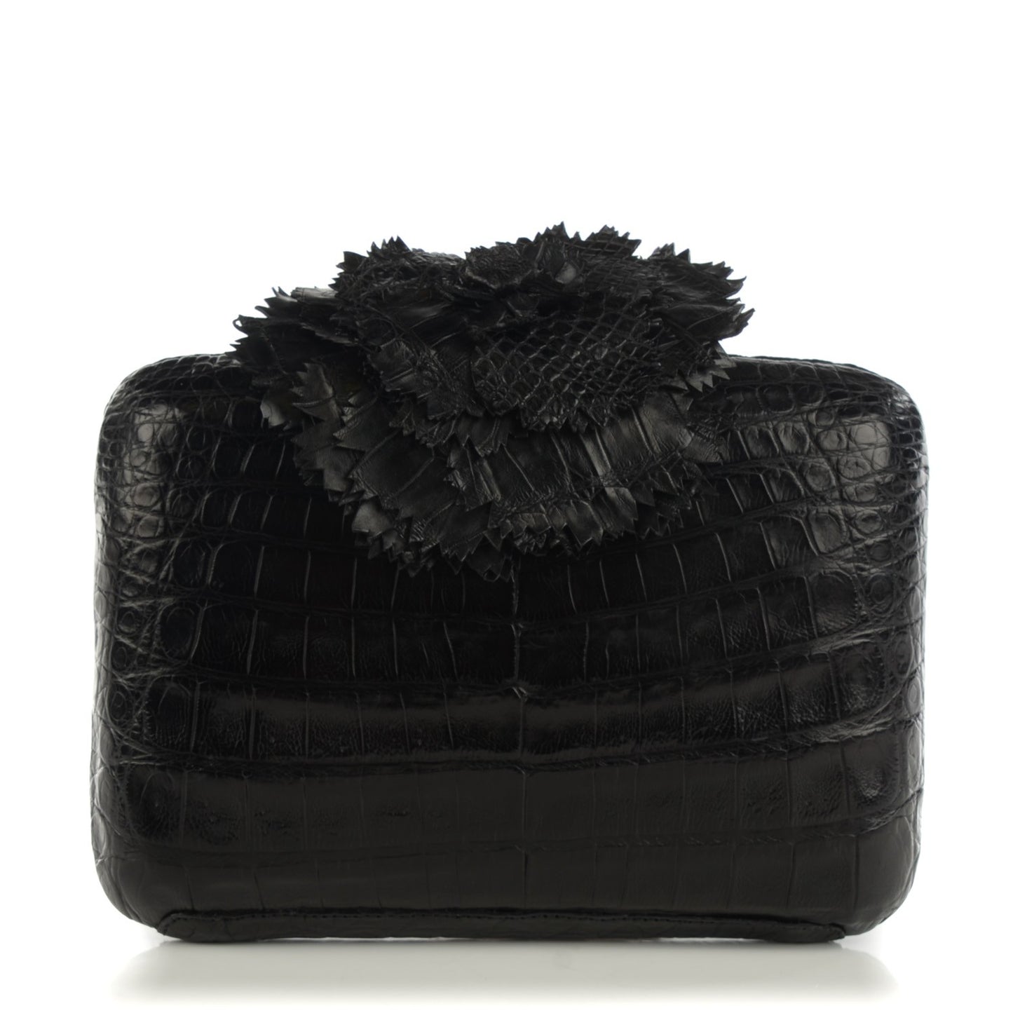 Crocodile Floral Applique Minaudiere Clutch Black