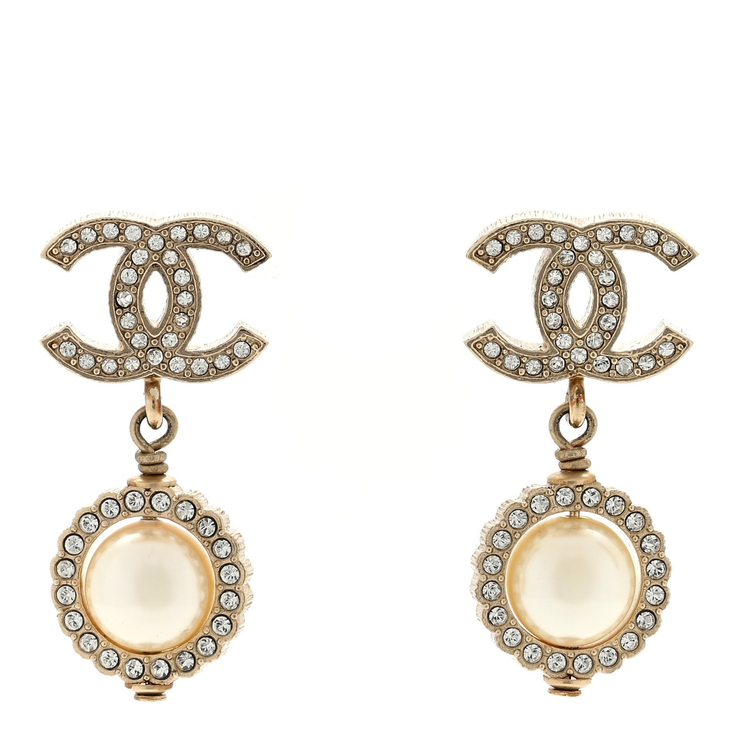 Pearl Crystal CC Drop Earrings Gold White