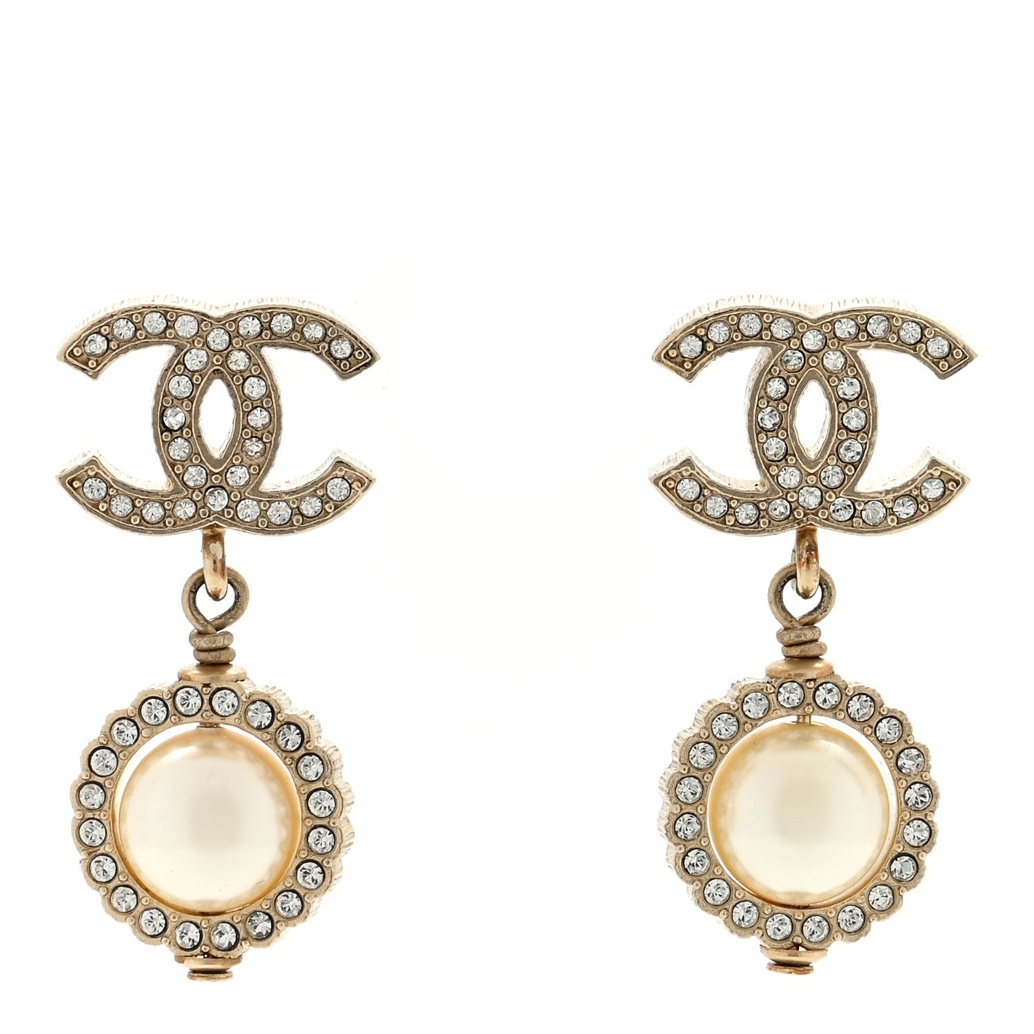 Chanel Pearl Crystal CC Drop Earrings Gold White 1 of 4