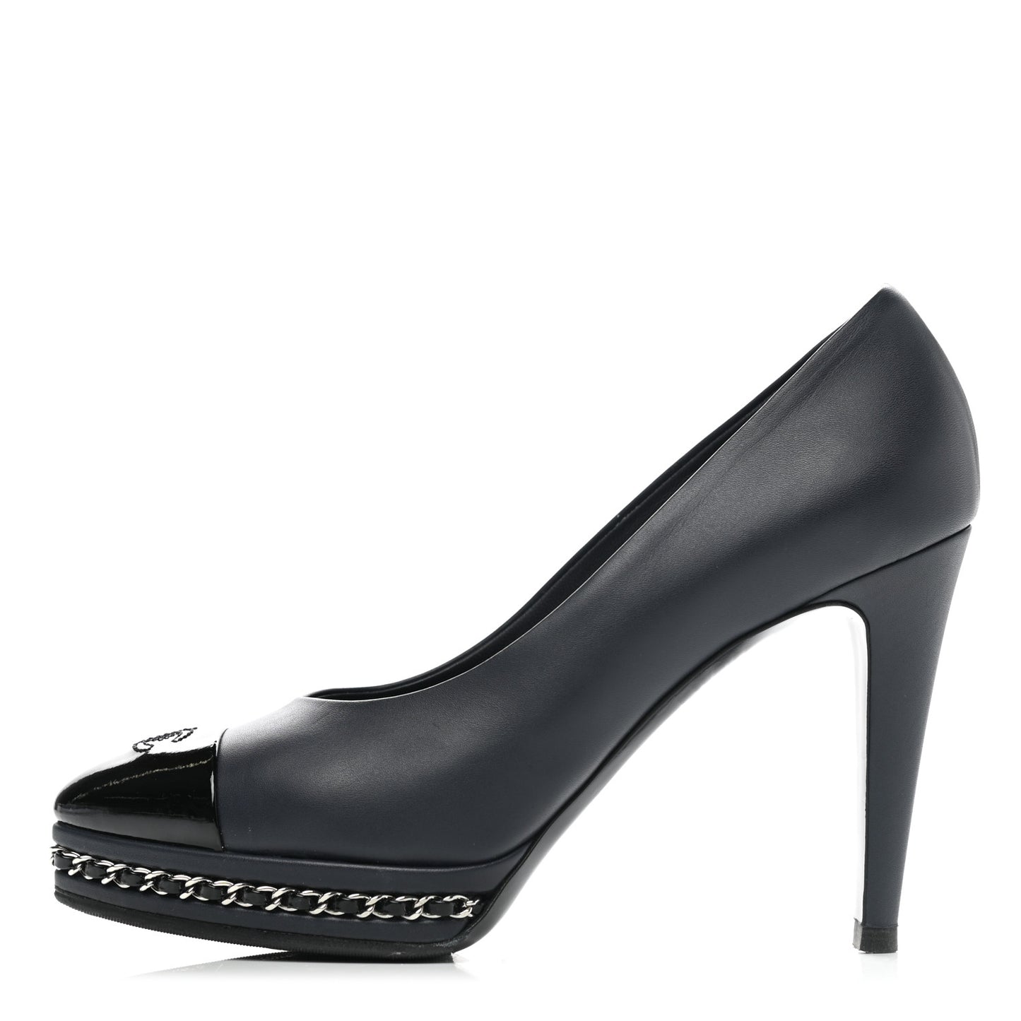 Calfskin Patent CC Cap Toe Platform Chain Pumps 39 Navy Black