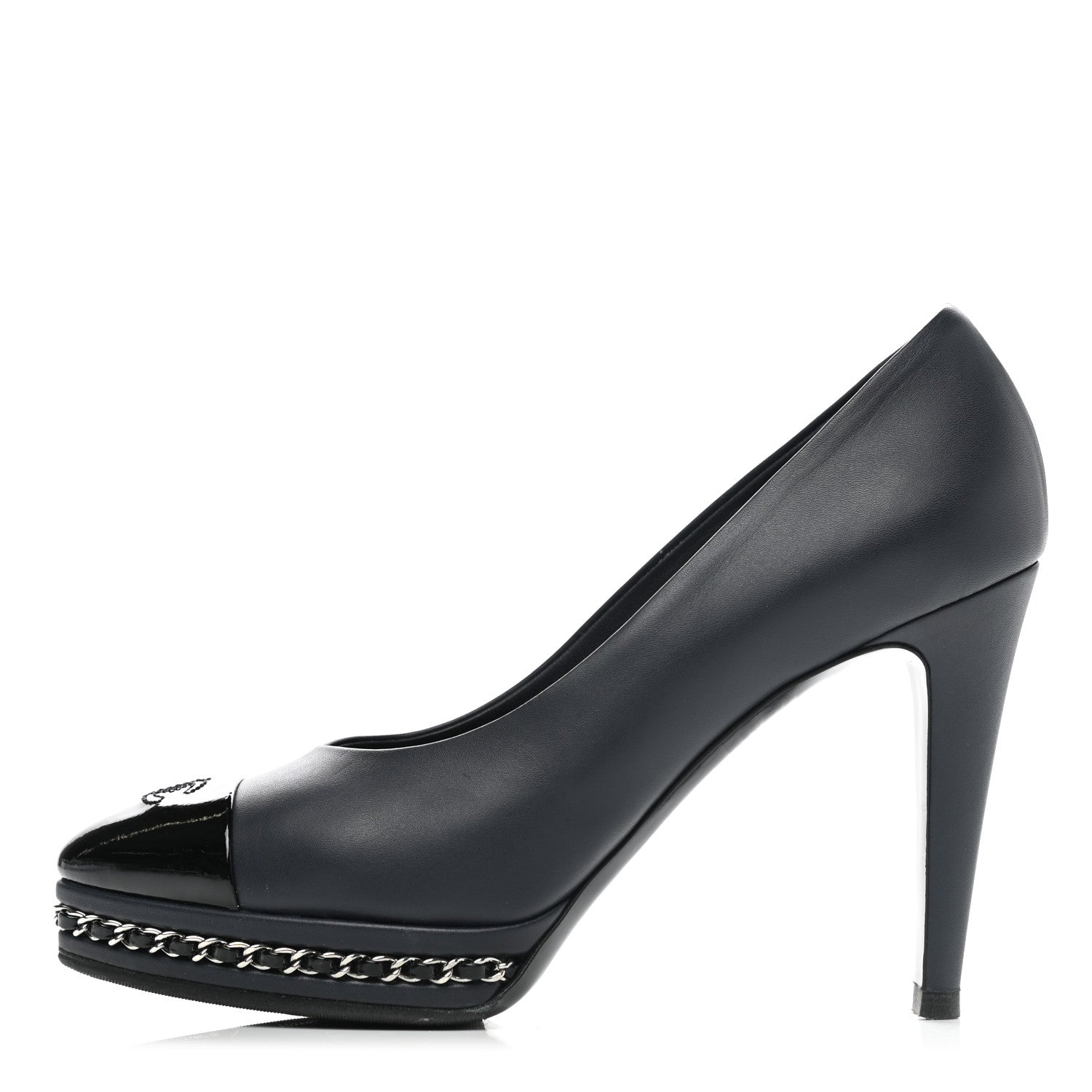 Chanel Calfskin Patent CC Cap Toe Platform Chain Pumps 39 Navy Black 1 of 9