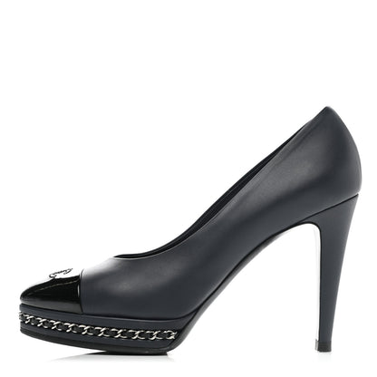 Chanel Calfskin Patent CC Cap Toe Platform Chain Pumps 39 Navy Black 1 of 9