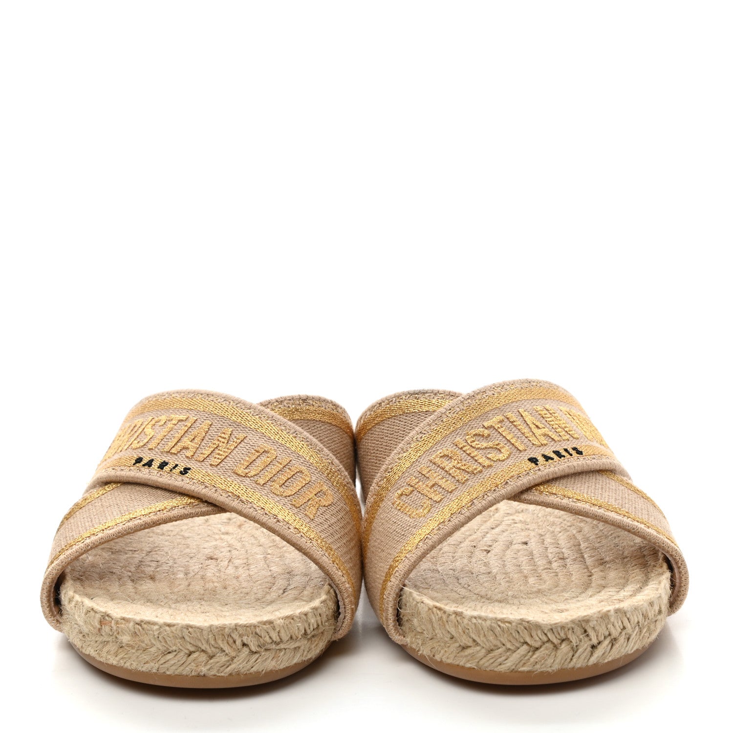 Christian Dior Canvas Embroidered Granville Espadrille Crisscross Flat Slide Sandals 37.5 Gold 2 of 9