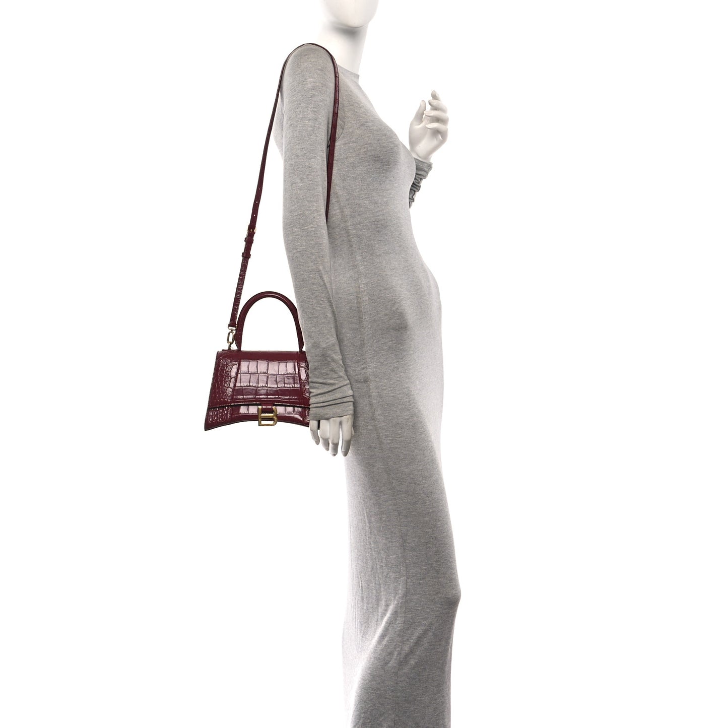 Shiny Calfskin Crocodile Embossed Small Hourglass Top Handle Bag Dark Red