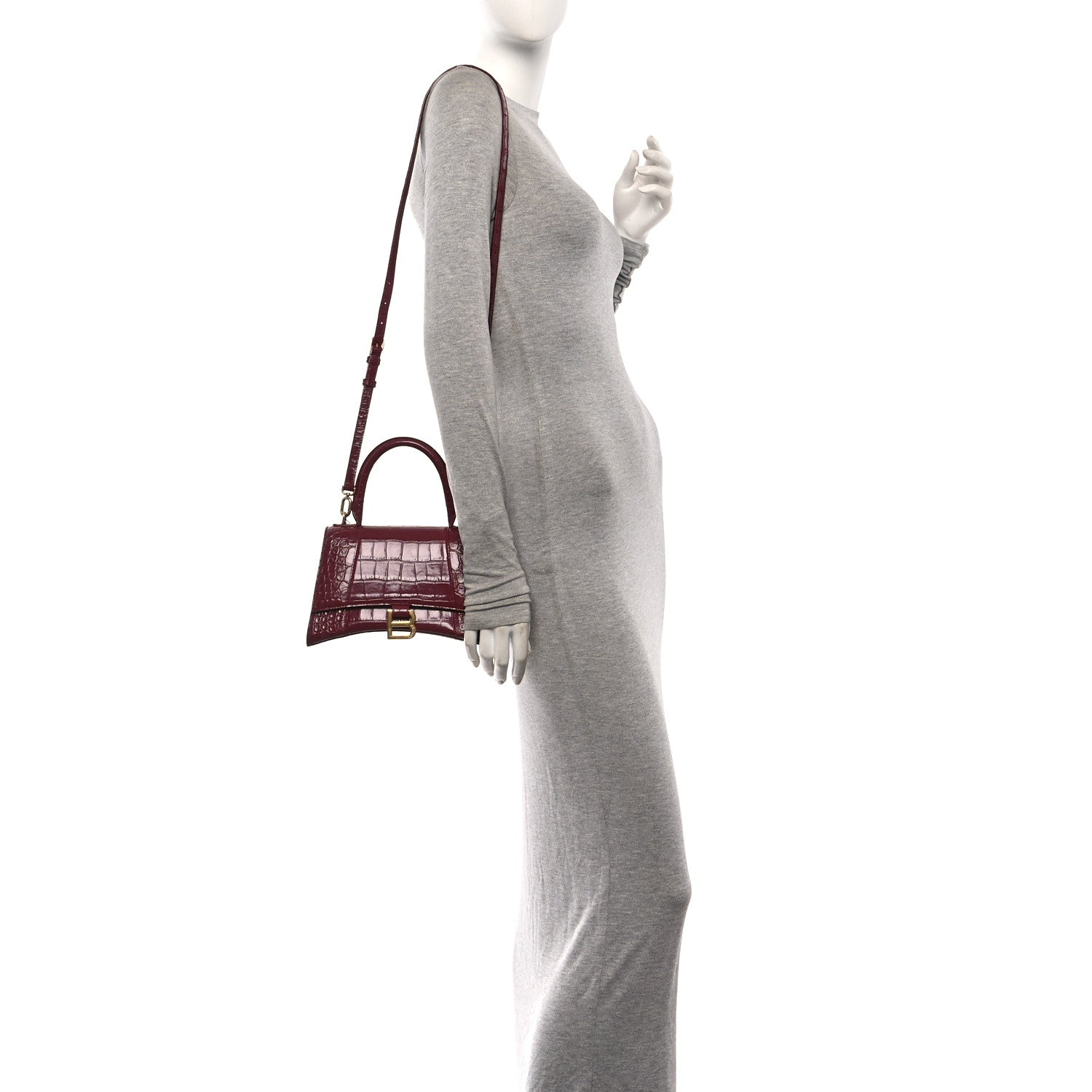 Balenciaga Shiny Calfskin Crocodile Embossed Small Hourglass Top Handle Bag Dark Red 2 of 11